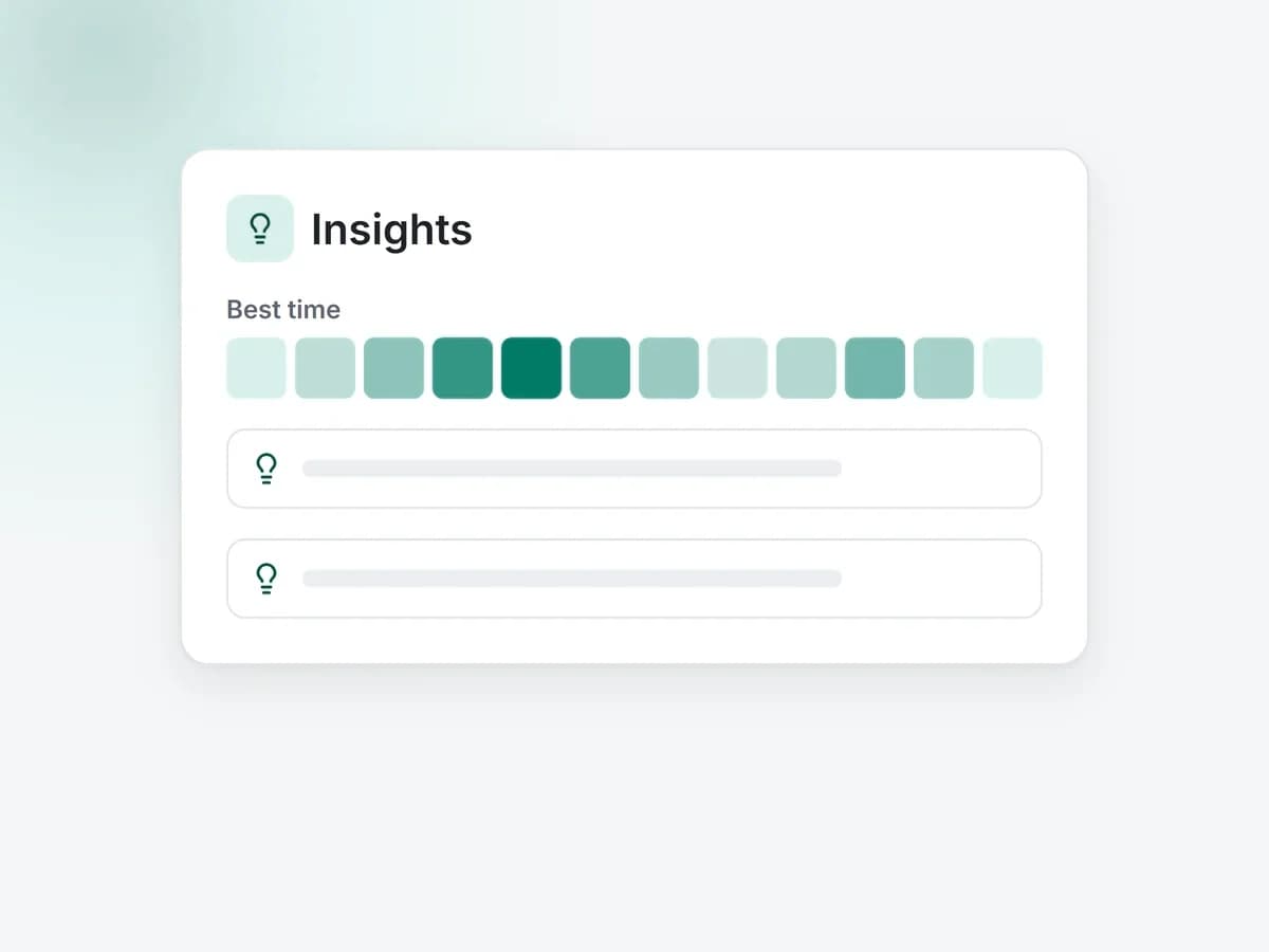 Illustration: an insights card with a best-time heat strip and two recommendation rows