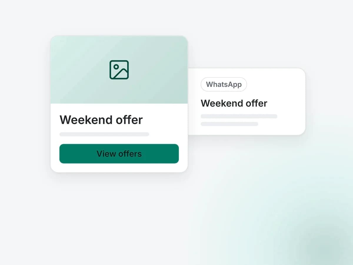 Illustration: an RCS offer card with a WhatsApp card behind it