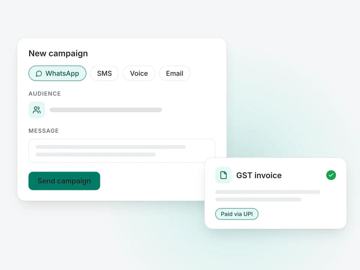 Illustration: a WhatsApp broadcast, a GST invoice and a UPI top-up in one dashboard