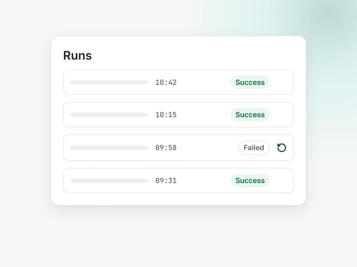 Illustration: a list of flow runs with success and failed chips and a replay icon