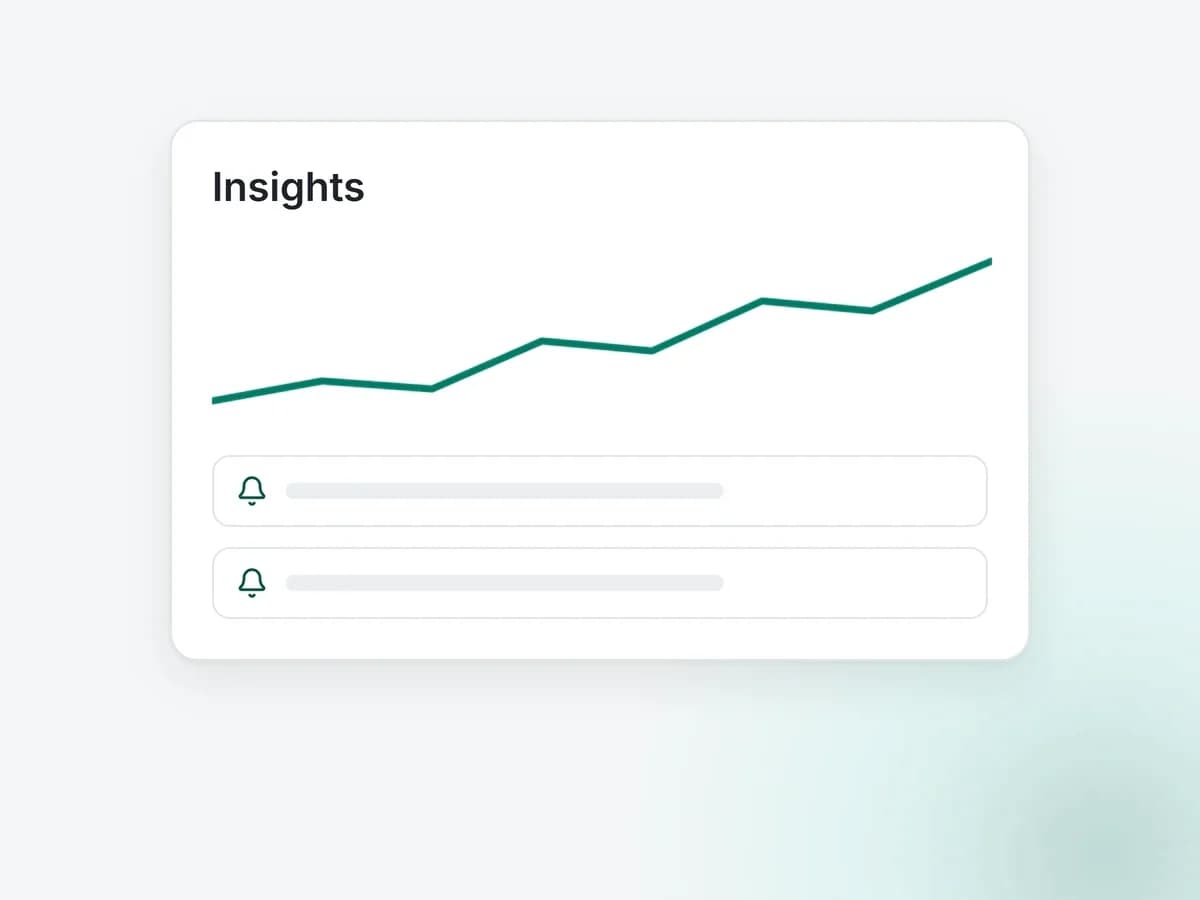 Illustration: an insights card with a line chart and two alert rows