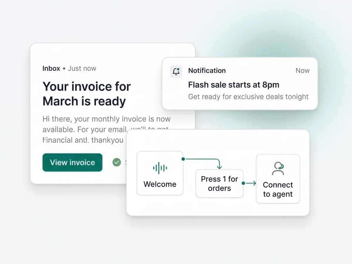 Illustration: an IVR call flow next to an email and a push notification