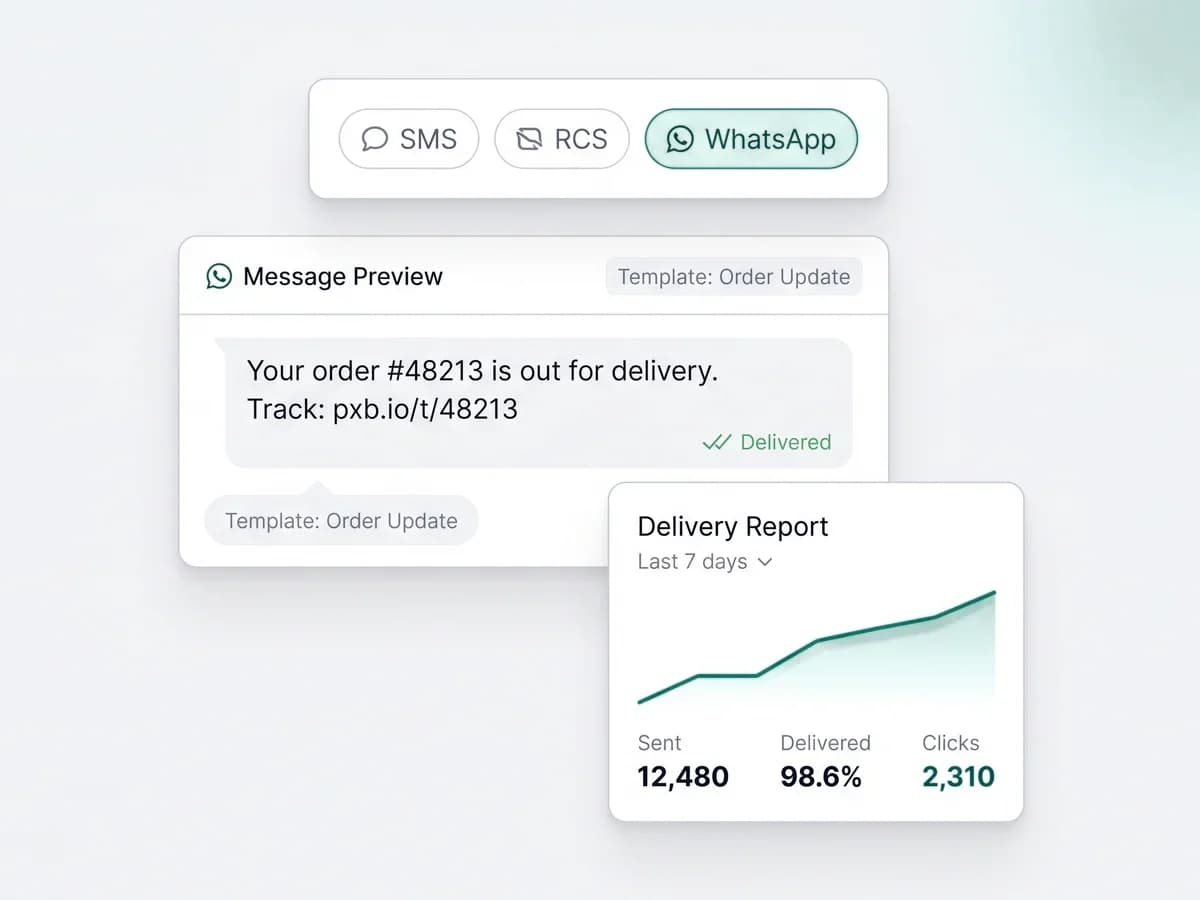 Illustration: a WhatsApp order-update message with a delivery report