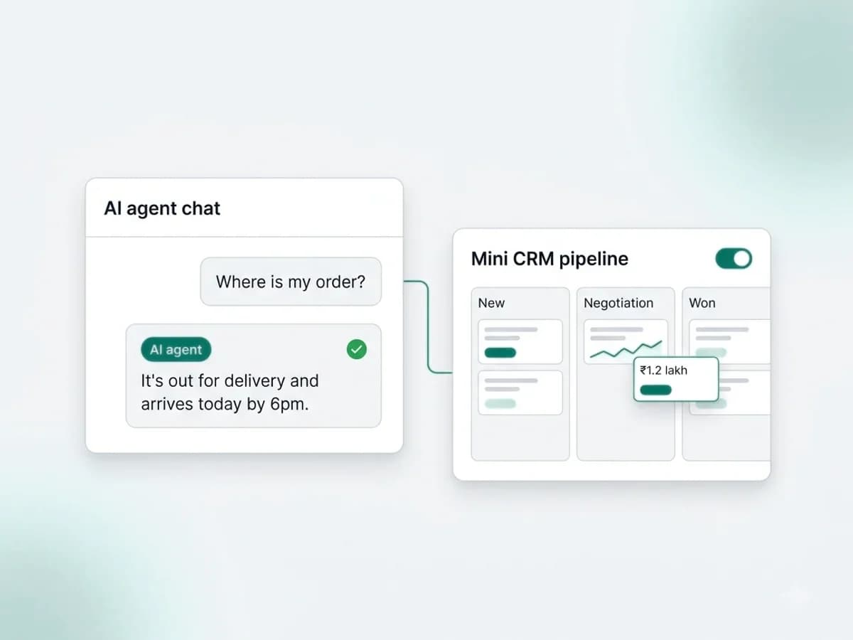 Illustration: an AI agent chat linked to a mini CRM pipeline