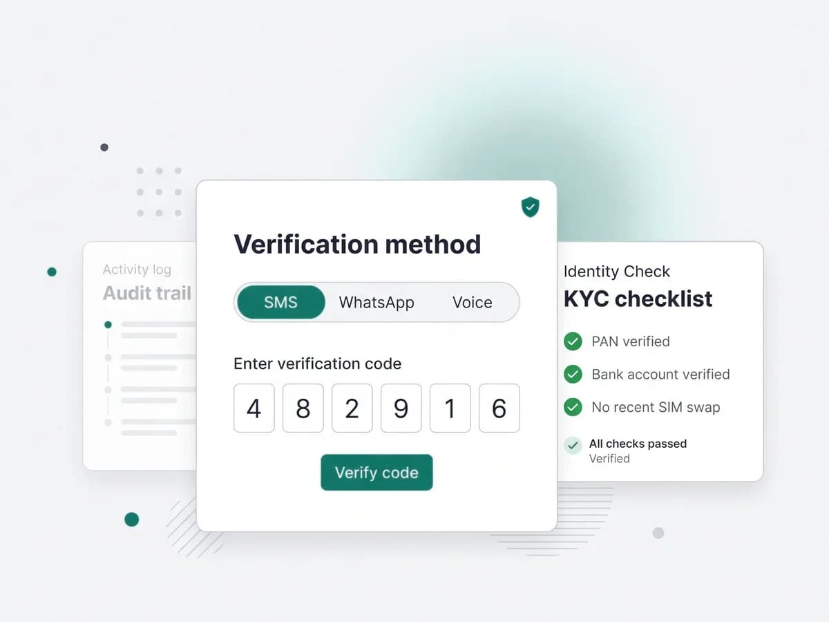 Illustration: a verification screen and a checklist with a SIM swap check