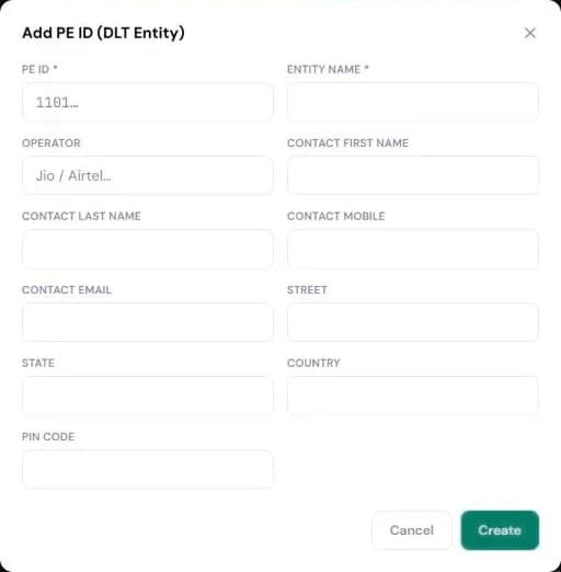 Pixabits console, SMS → Assets → PE IDs: the Add PE ID (DLT Entity) form