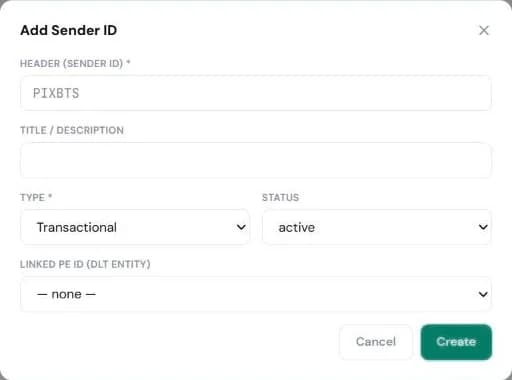 Pixabits console, SMS → Assets → Sender IDs: the Add Sender ID form with header, title, type, status and linked PE ID