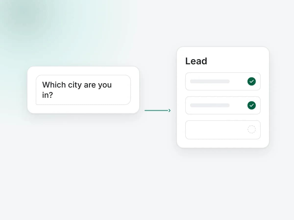 Illustration: a chat collecting name and city, with a lead card filling in
