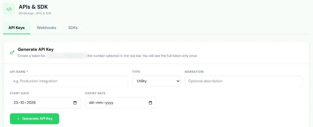 Pixabits console, WhatsApp → APIs & SDK: the Generate API Key form for the selected business number