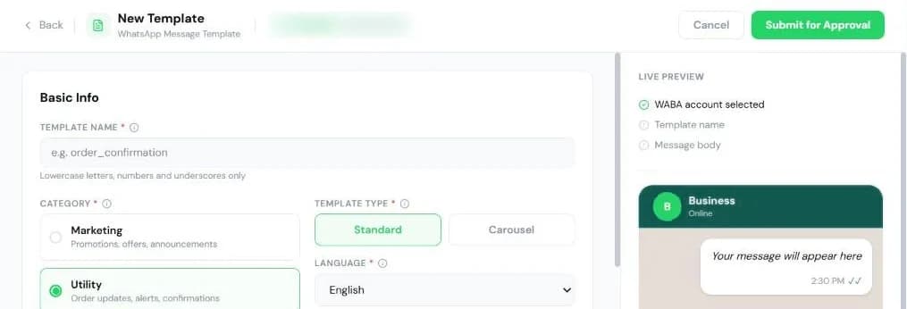Pixabits console, WhatsApp → Templates → New Template: basic info with template name, category, template type and language, and a live preview